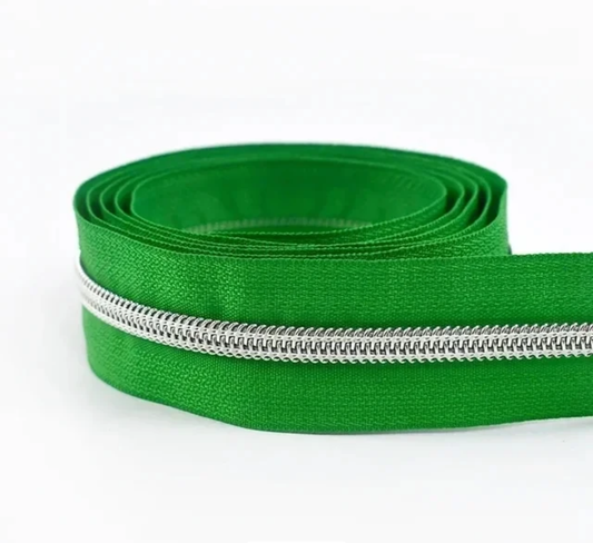 Leaf Green Zipper Tape with Silver Teeth