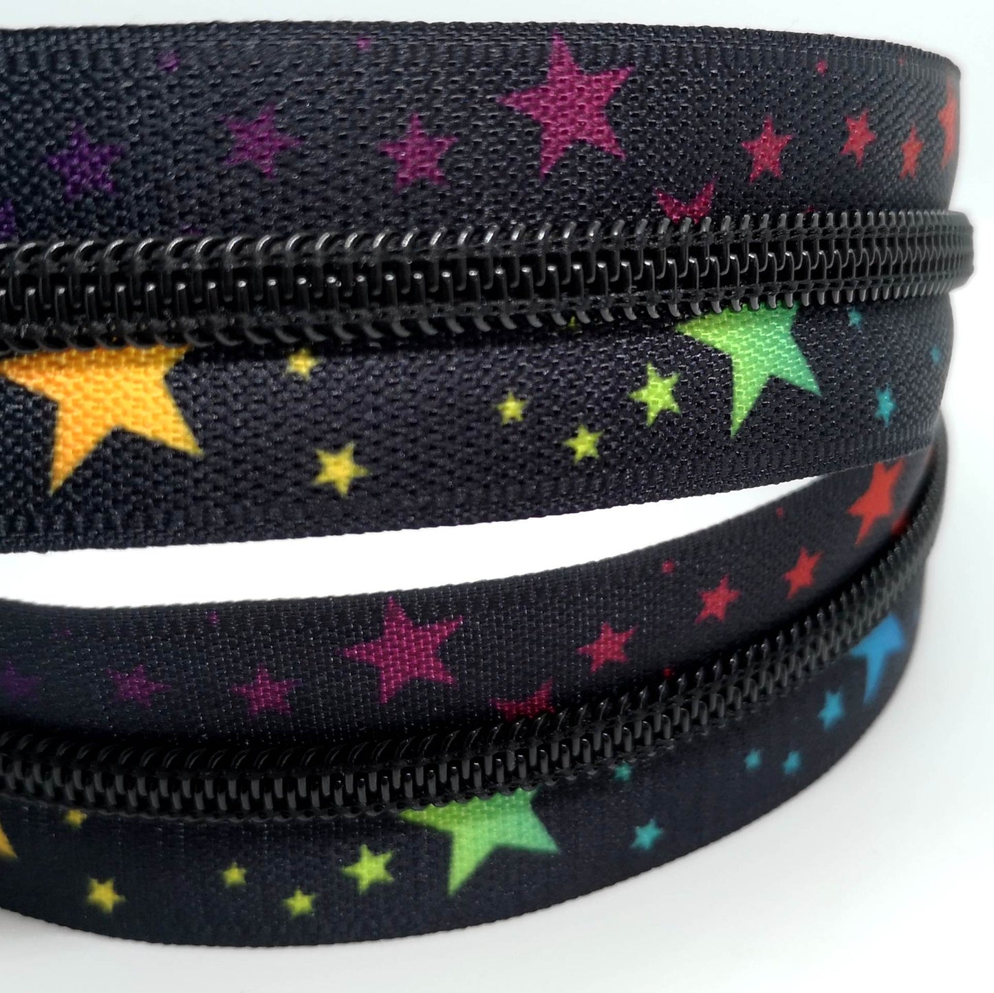 Rainbow Stars on Black Zipper Tape