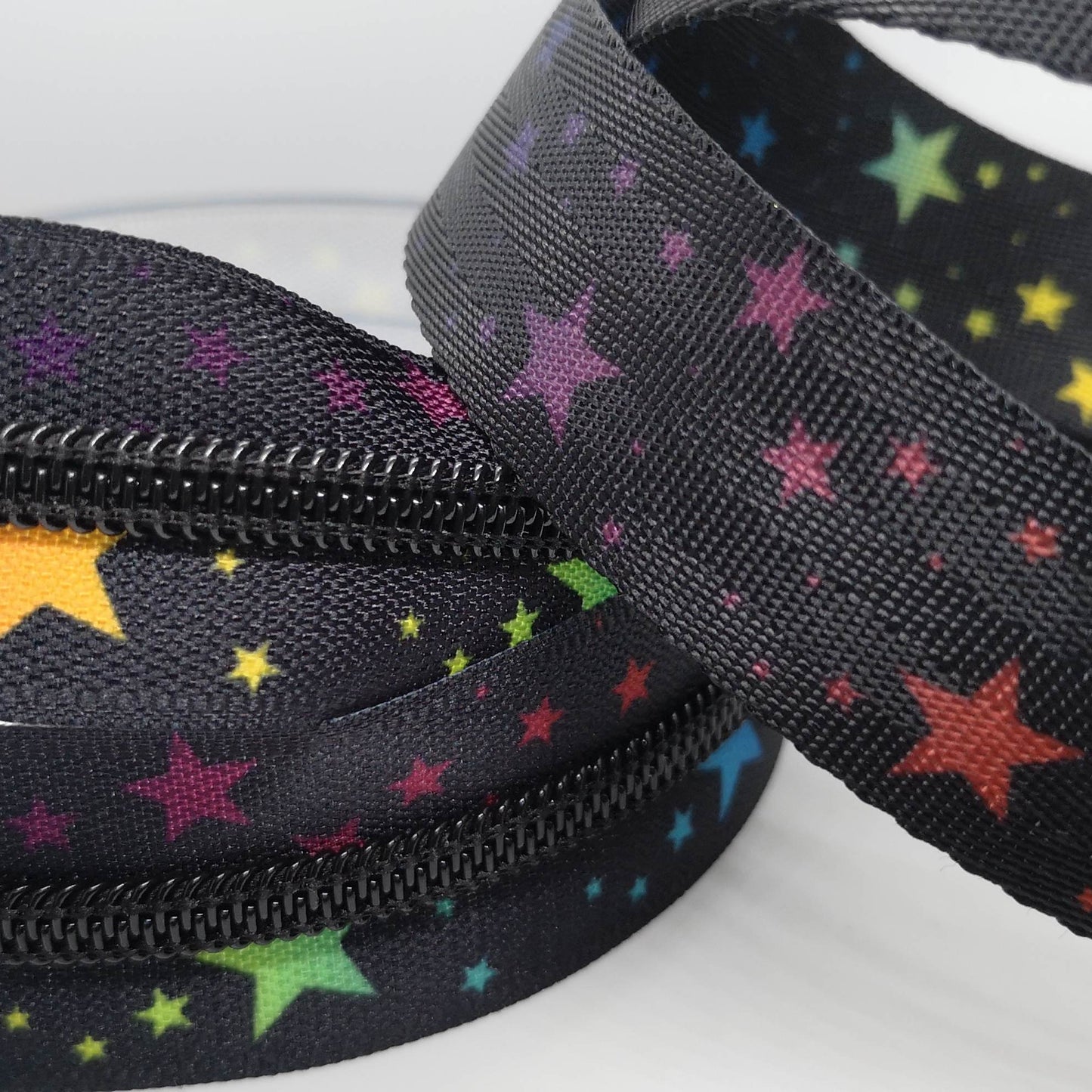 Rainbow Stars on Black Zipper Tape