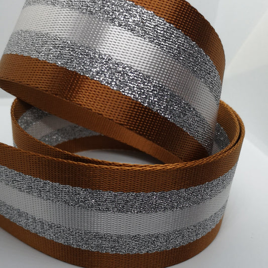 2" Webbing - copper, silver and white stripes