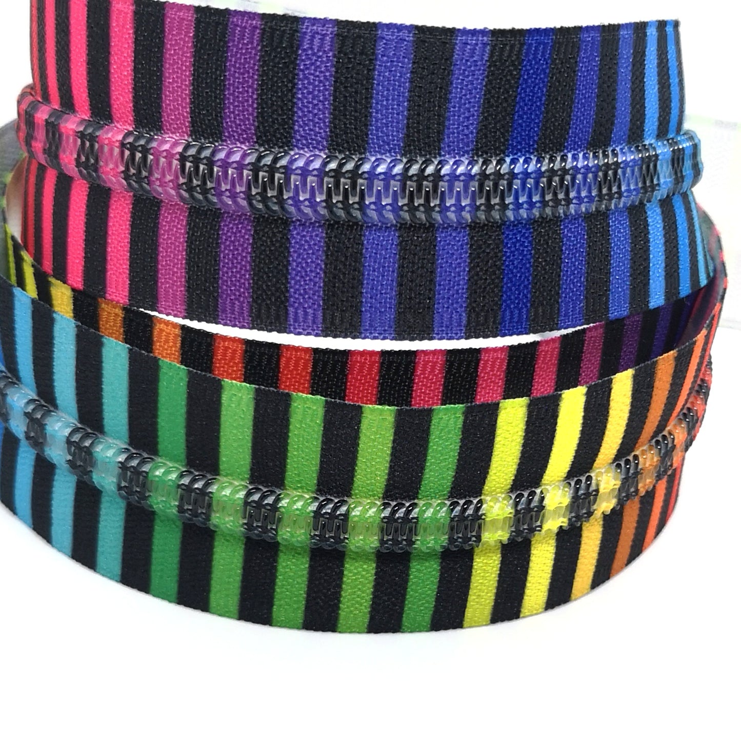 Bright Rainbow and Black Stripes with matching teeth zipper tape