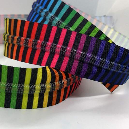 Bright Rainbow and Black Stripes with matching teeth zipper tape