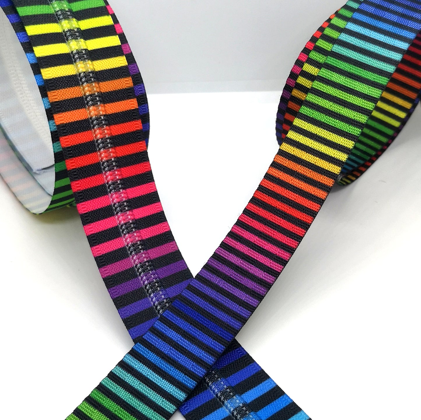 Bright Rainbow and Black Stripes with matching teeth zipper tape