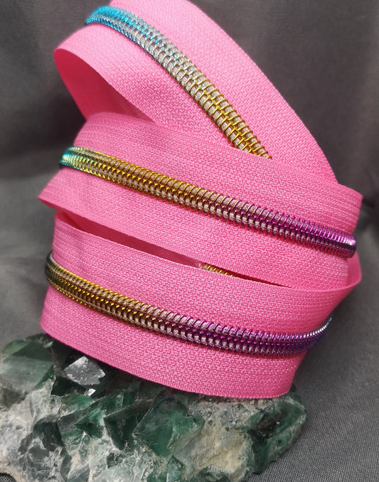 Light Pink with Rainbow Teeth Zipper Tape
