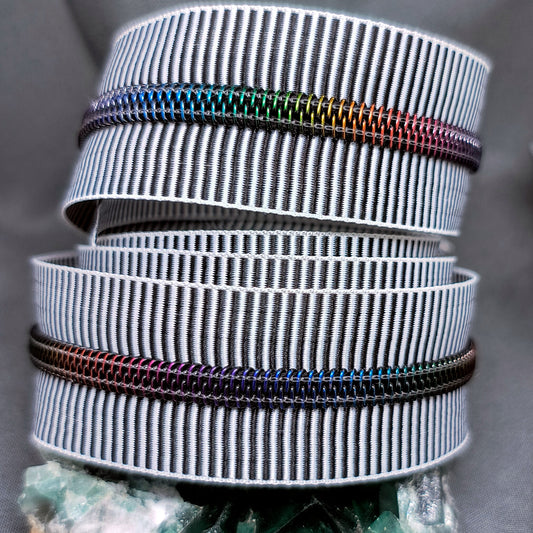 Thin Black and White stripes with Dark Rainbow Gradient Teeth Zipper Tape