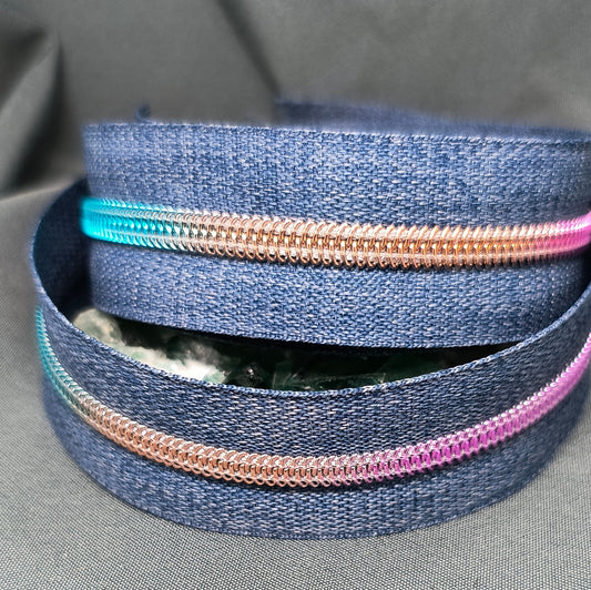 Denim with Rainbow Gradient Teeth Zipper Tape