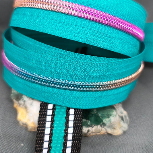 Teal with Rainbow Gradient Teeth Zipper Tape