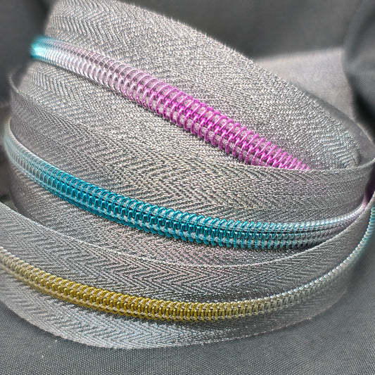 Silver with Rainbow Gradient Teeth Zipper Tape